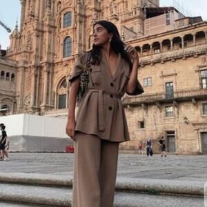 Zara Belted Knit Jacket Cardigan Sweater Medium Neutral Brown Minimalist Button